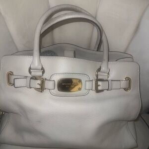 Michael Kors White Satchel with Textured Leather and Gold Clasp